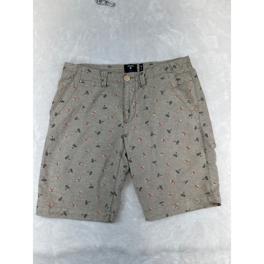Union Chino Shorts Mens 34 Tan Tropical Palm‎ Tree Hula Girl Print Cotton Casual